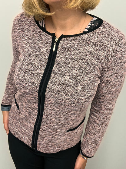 Pink melange fine knit cardigan with zipper and pockets