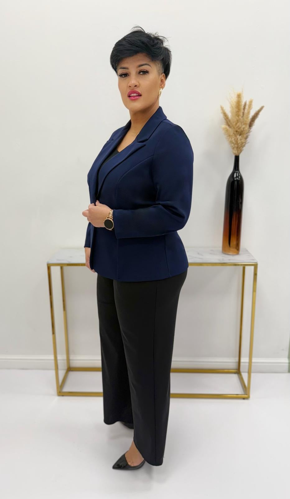 Navy fabric jacket with lapel collar