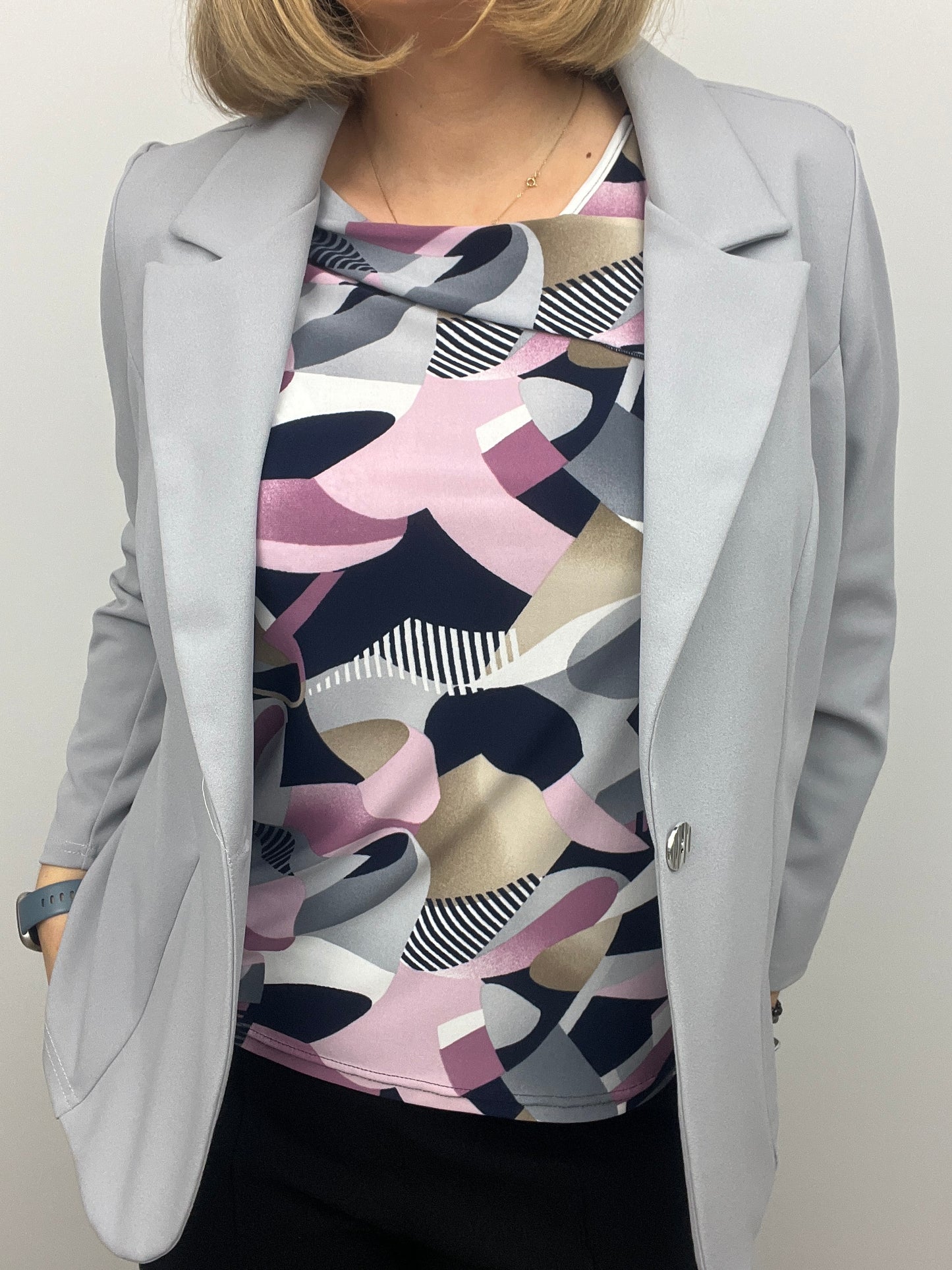 Silver grey fabric jacket with lapel collar