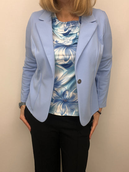 Soft blue fabric jacket with lapel collar