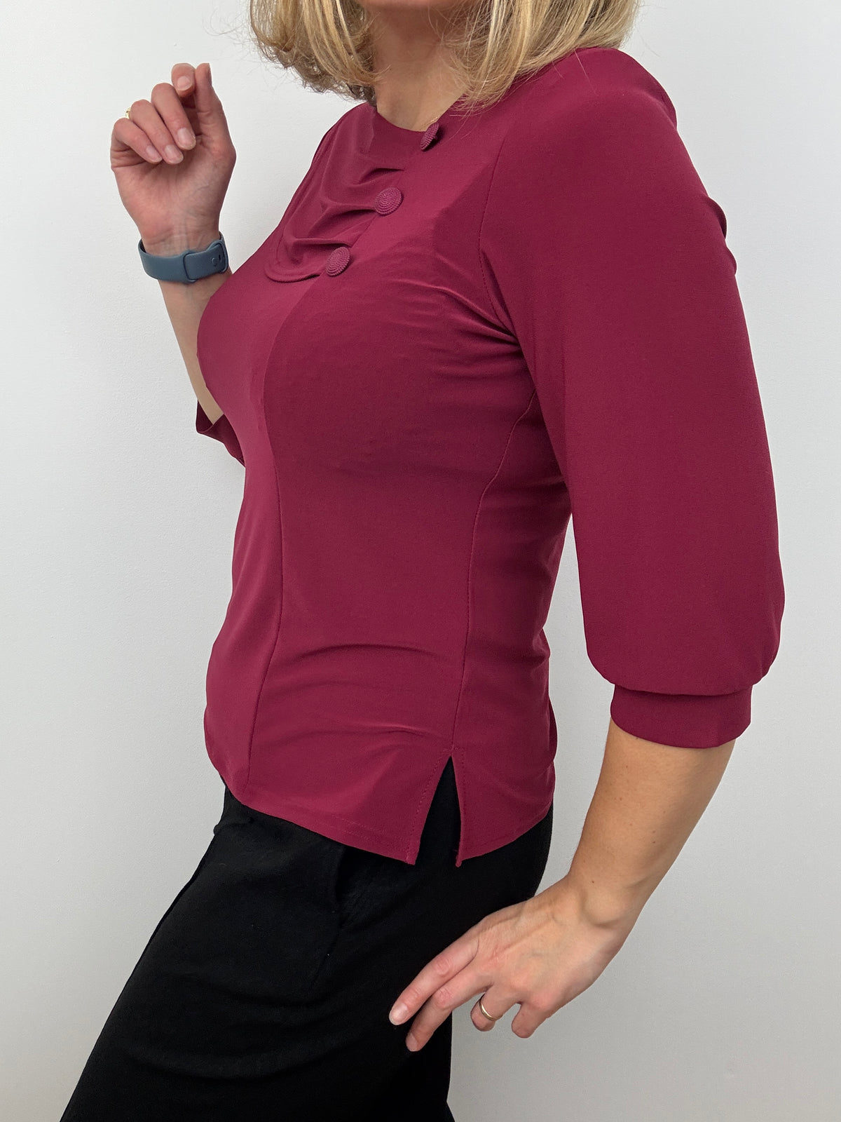 POLLY burgundy top with pleated neckline