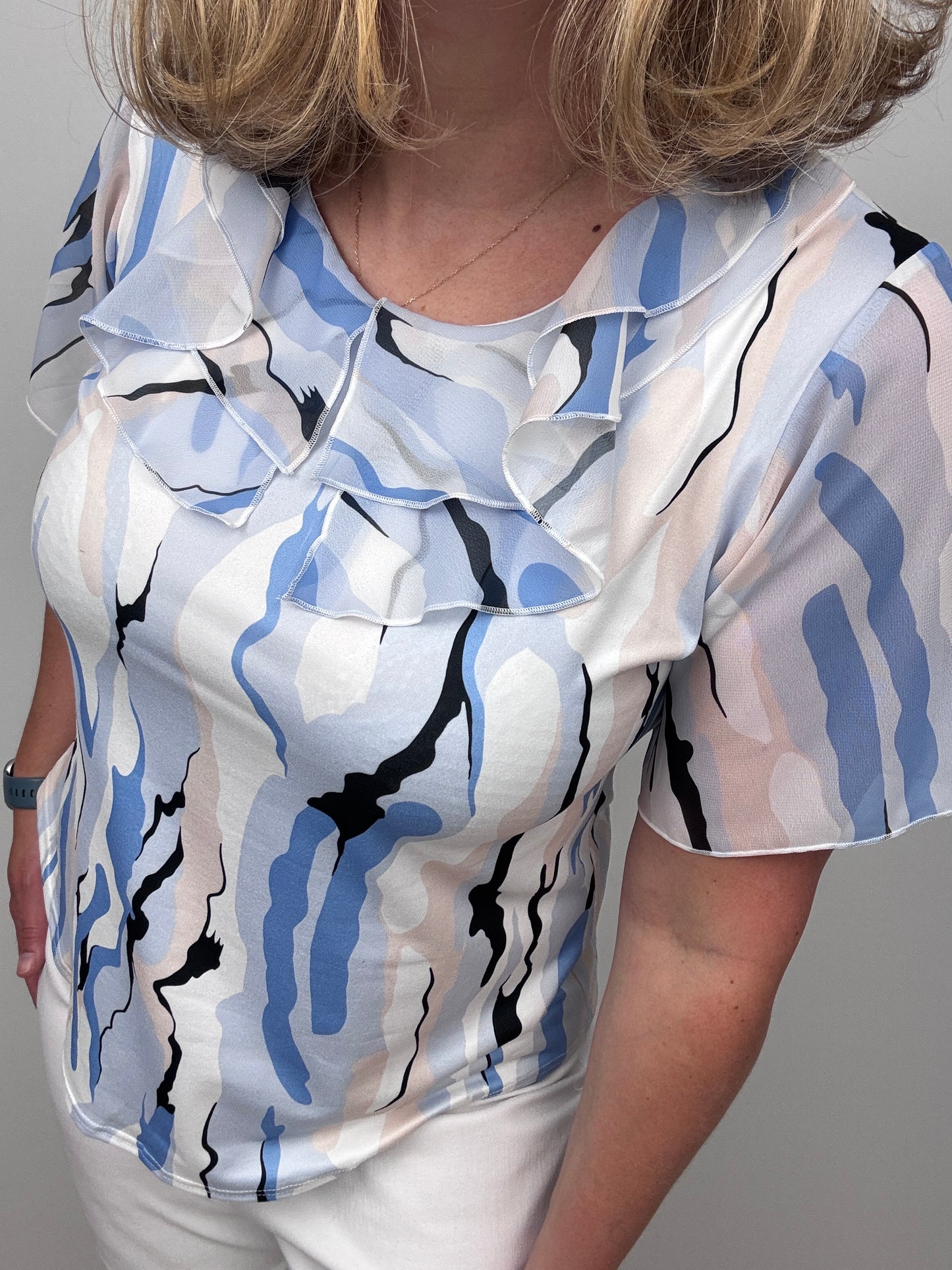 SADIE Double ruffle round neck top with short sleeve