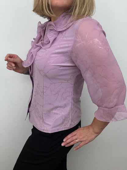 LUCIA lavender pink blouse with ruffle front and stand up collar