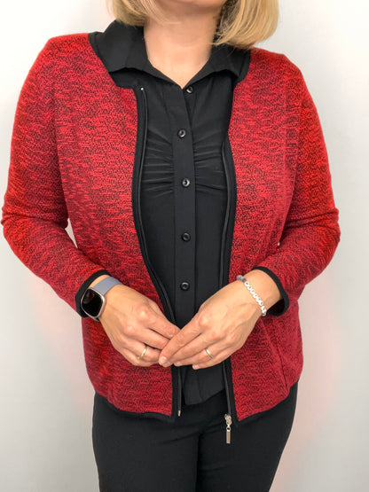 Red melange fine knit cardigan with zipper and pockets