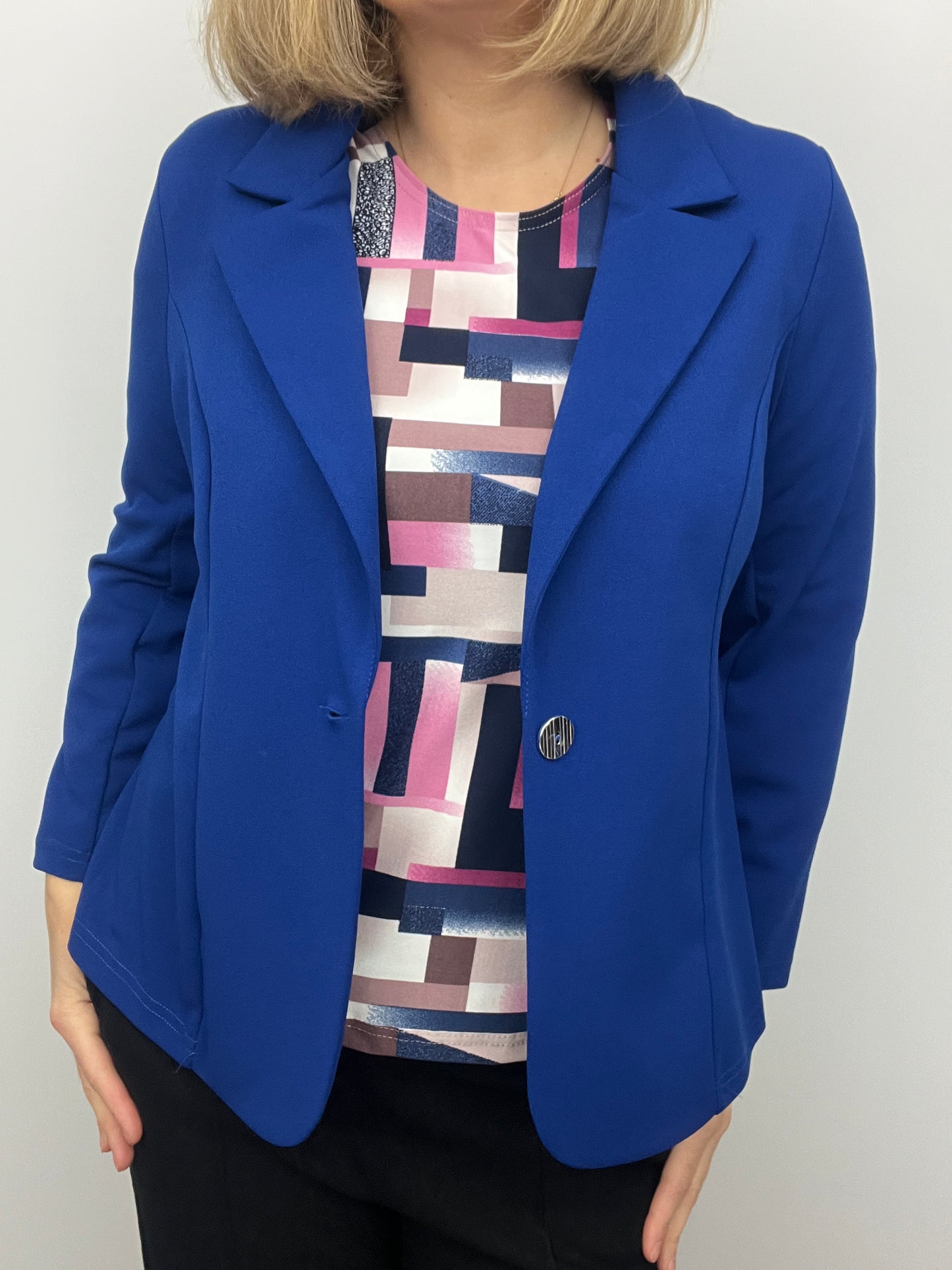 Royal blue fabric jacket with lapel collar