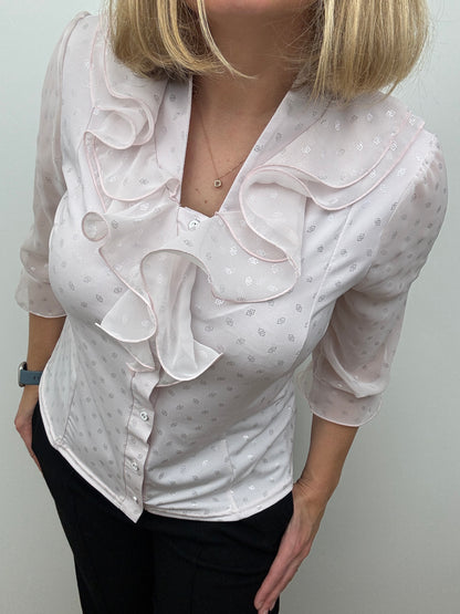 SARAH blush pink blouse with ruffle front and stand up collar