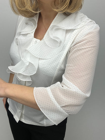 CHER white blouse with ruffle front and half collar