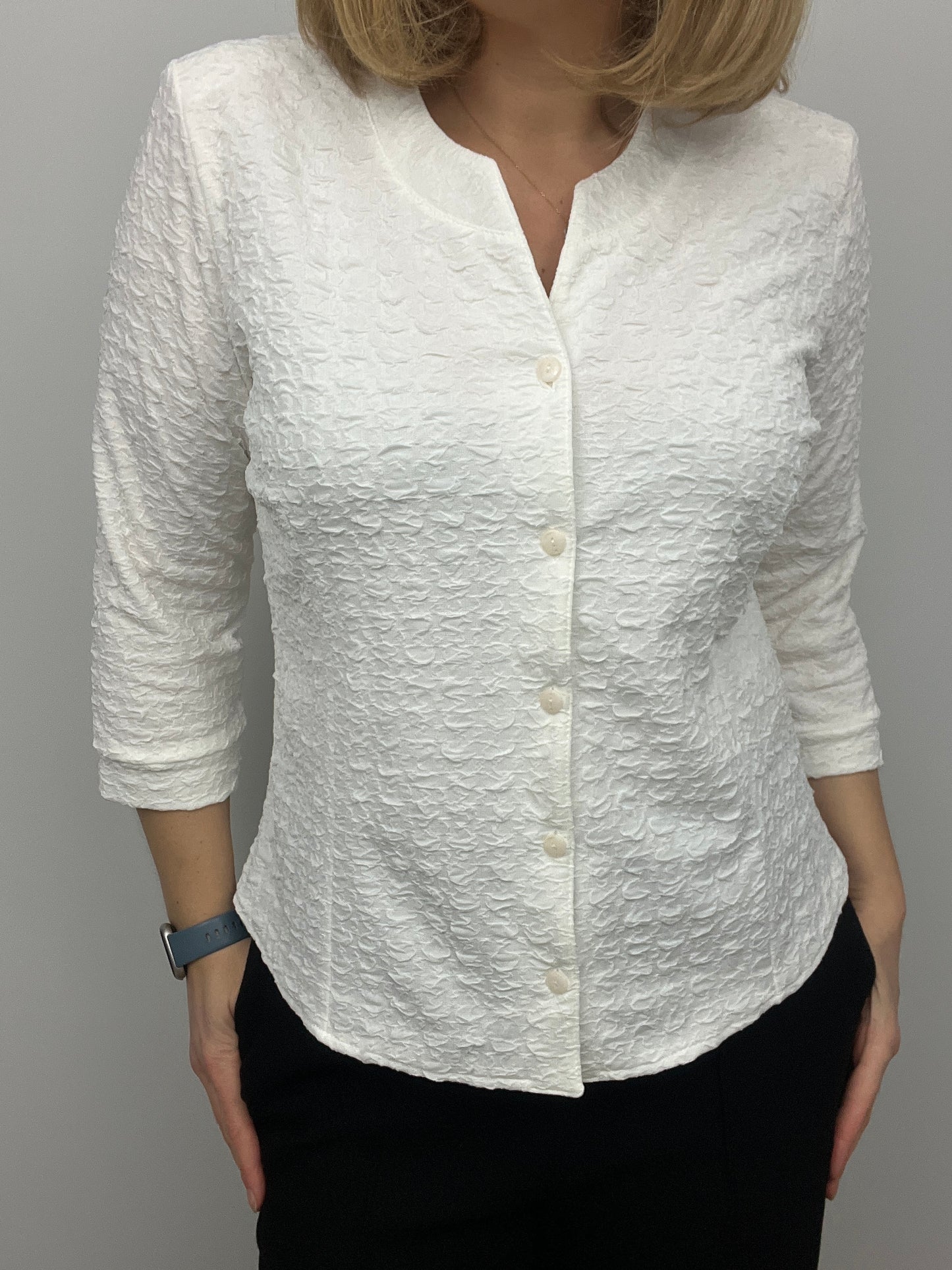 EVE white textured button down collarless blouse