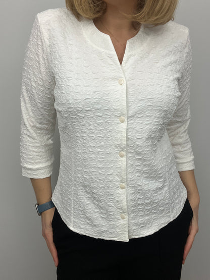 EVE white textured button down collarless blouse