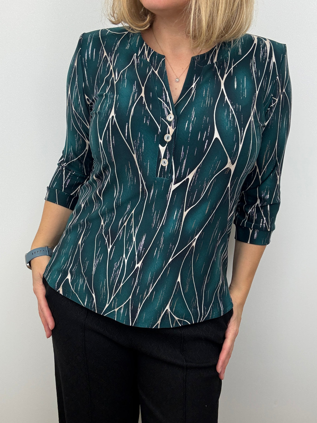 EMERALD green V-neck top with 3 buttons
