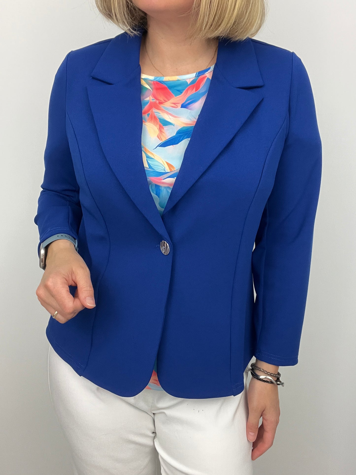 Royal blue fabric jacket with lapel collar