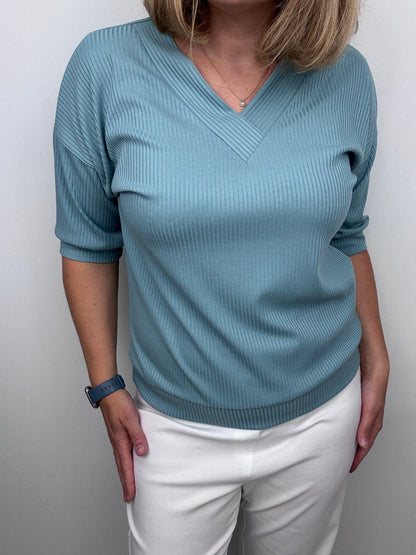 JADE soft ribbed V-neck top - fresh sage