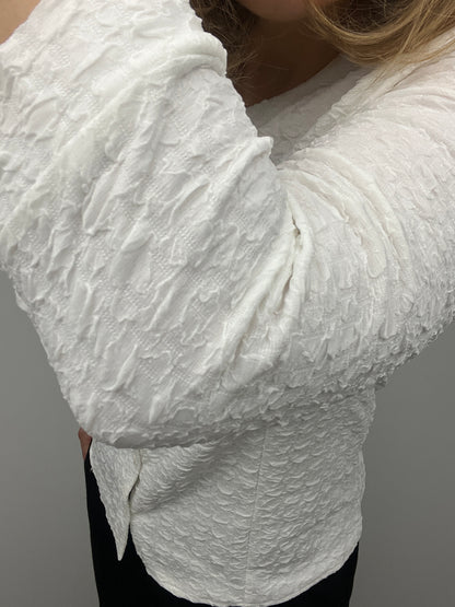 EVE white textured button down collarless blouse