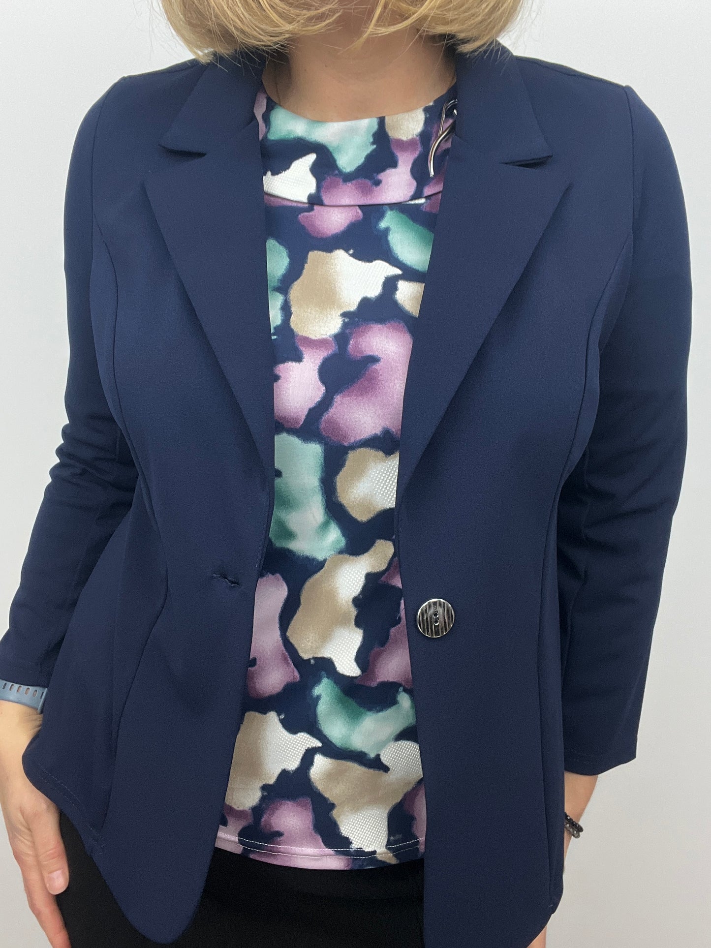 Navy fabric jacket with lapel collar
