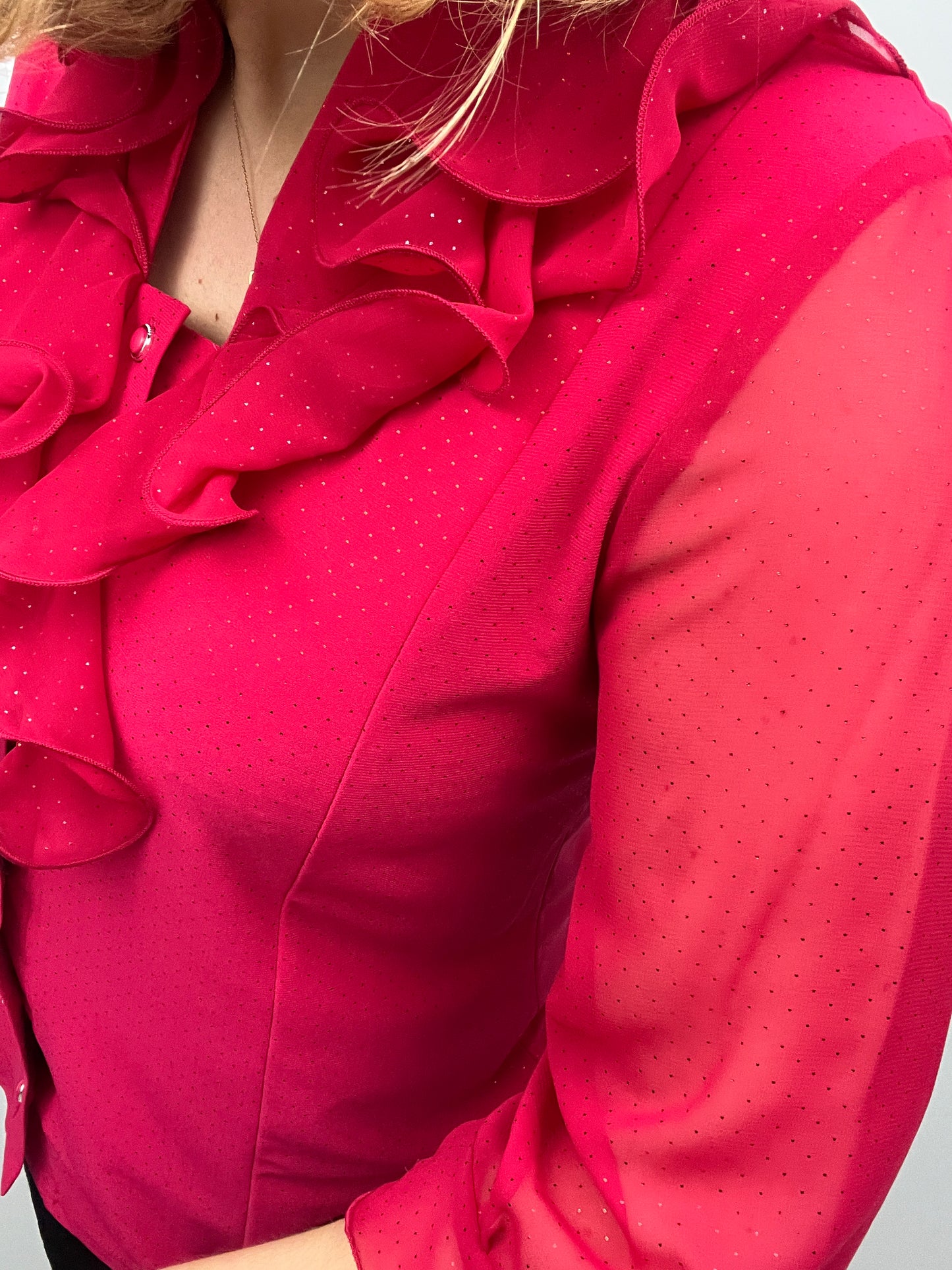 EDNA red blouse with ruffle front and half collar