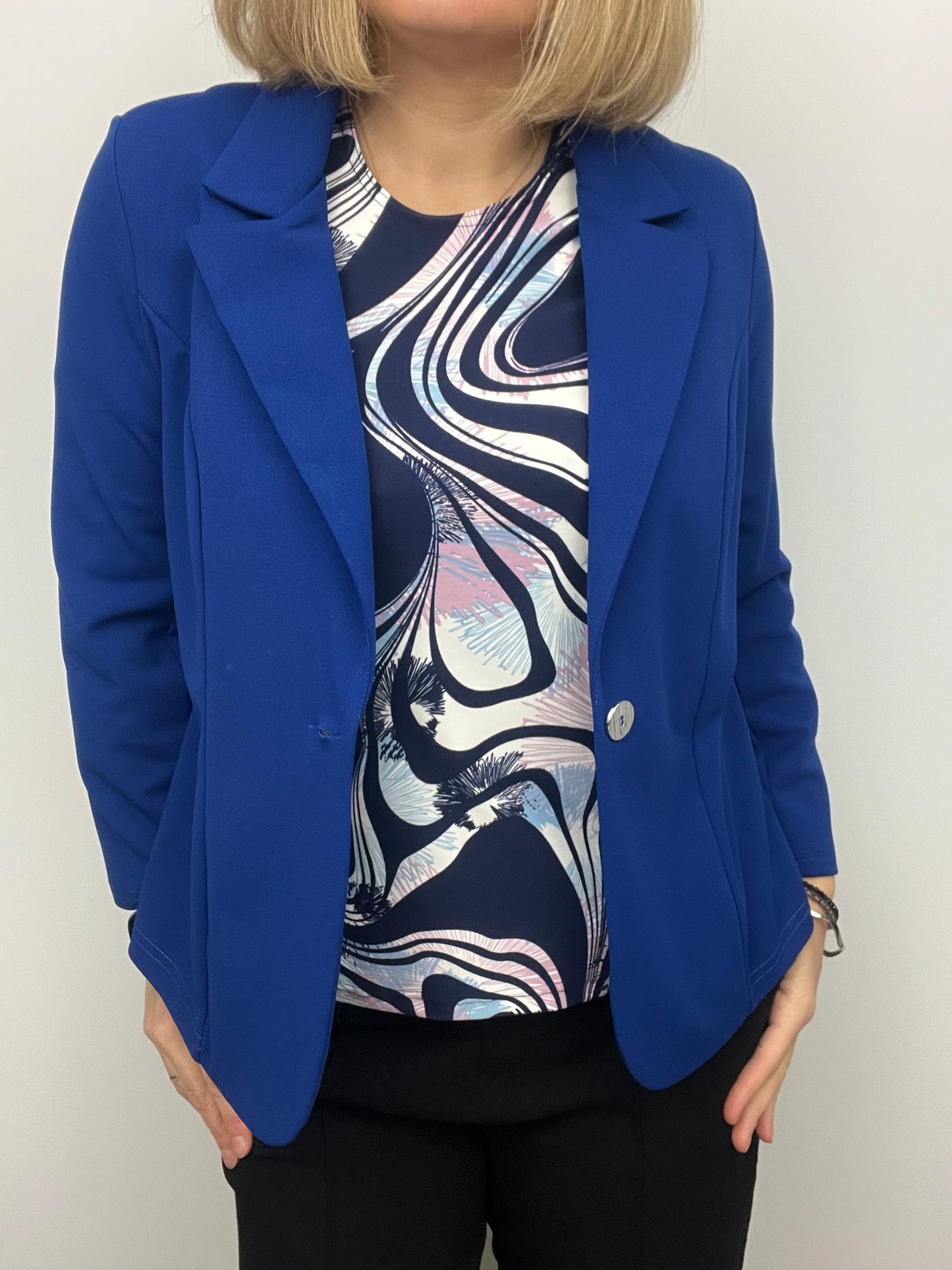 Royal blue fabric jacket with lapel collar