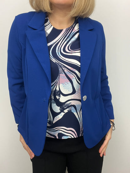 Royal blue fabric jacket with lapel collar