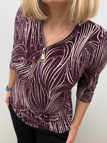 PAM burgundy 3/4 sleeve zip top