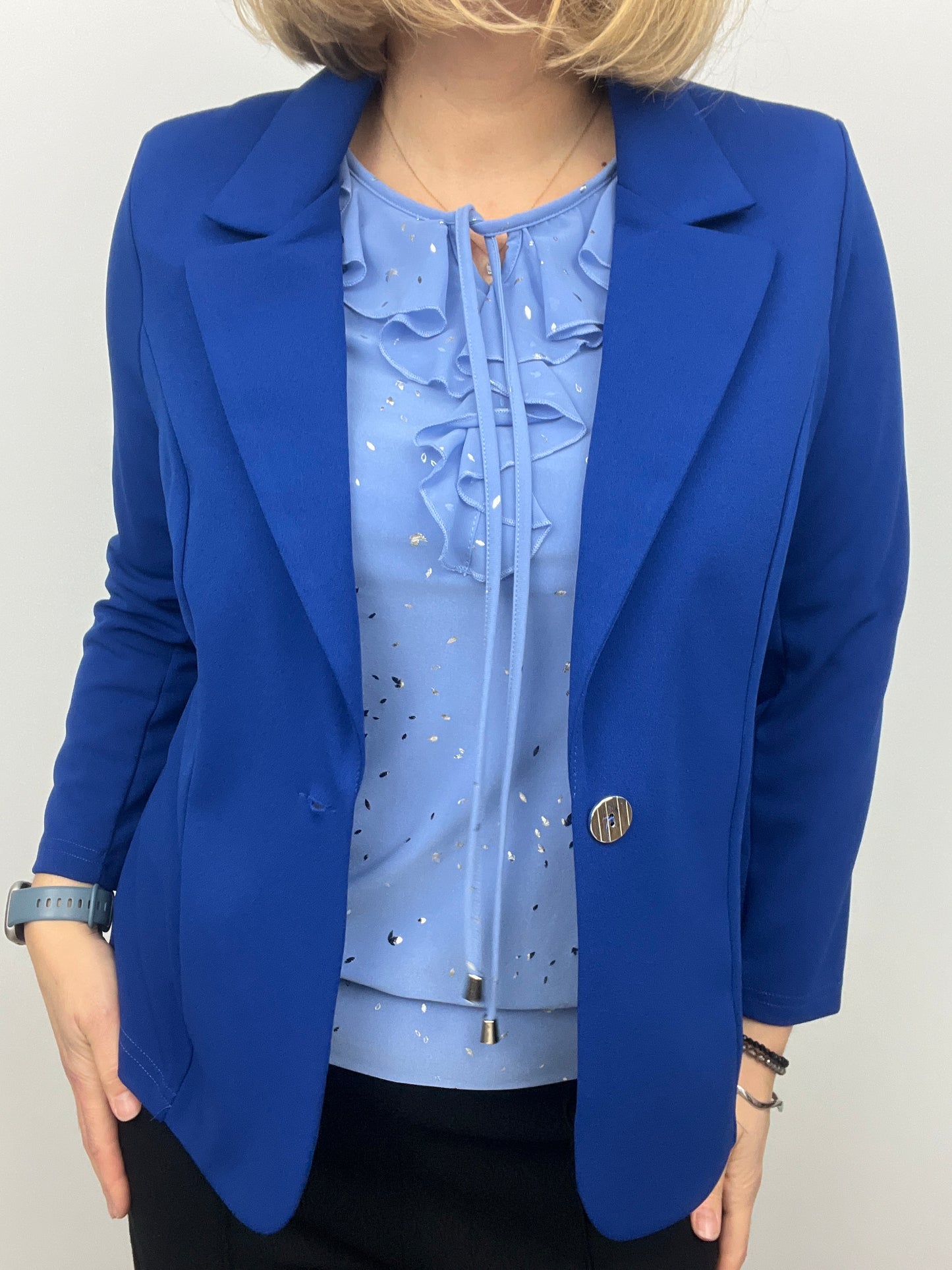 Royal blue fabric jacket with lapel collar