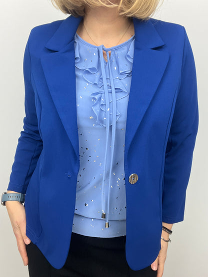 Royal blue fabric jacket with lapel collar