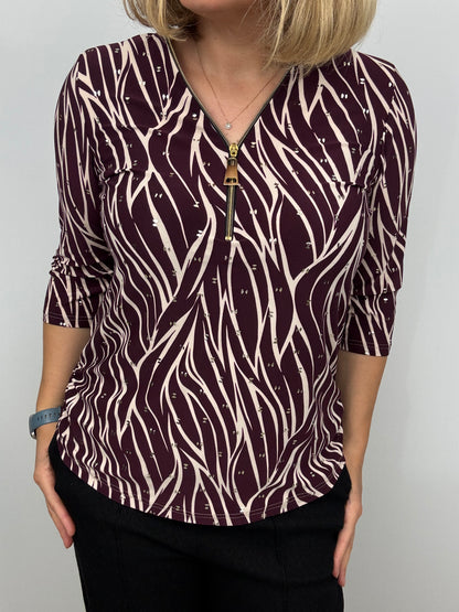 MONICA burgundy 3/4 sleeve zip top