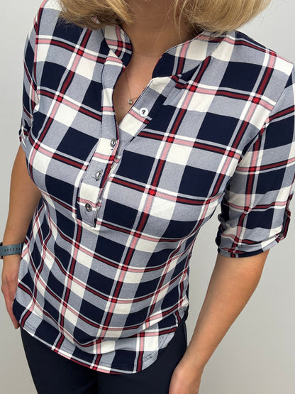 SYLVIA check stand-up collar top