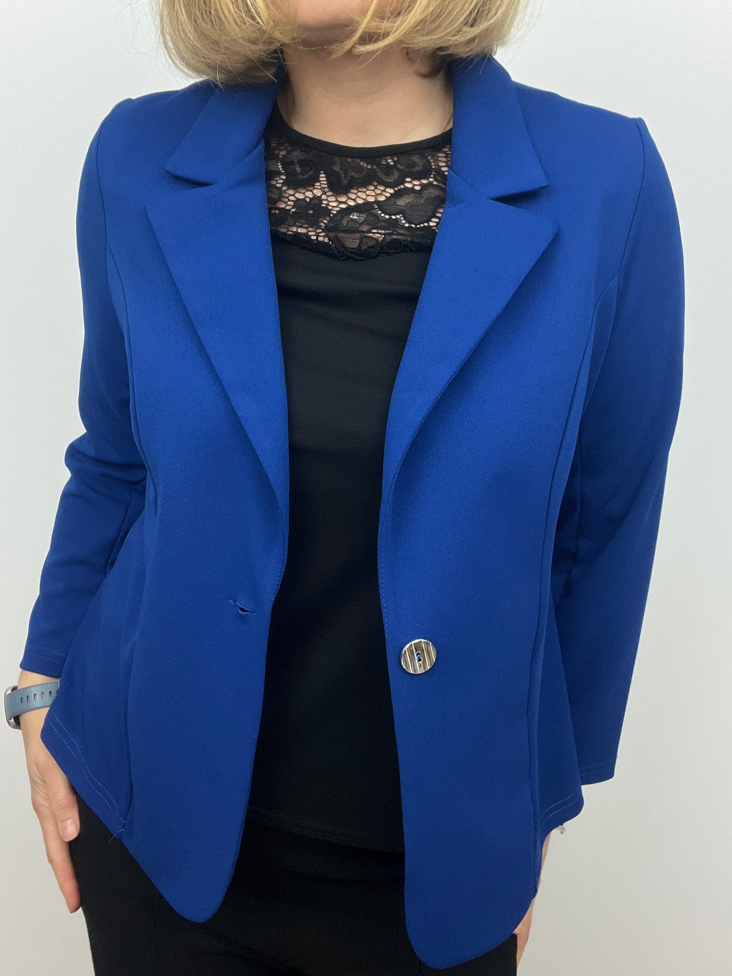 Royal blue fabric jacket with lapel collar