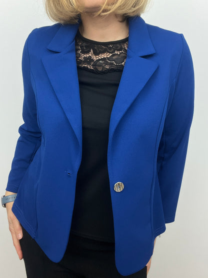 Royal blue fabric jacket with lapel collar