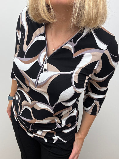 PHILOMENA black 3/4 sleeve zip top