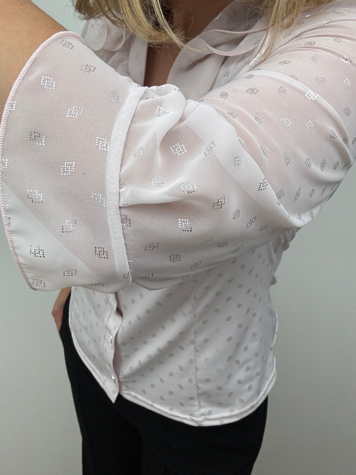 SARAH blush pink blouse with ruffle front and stand up collar