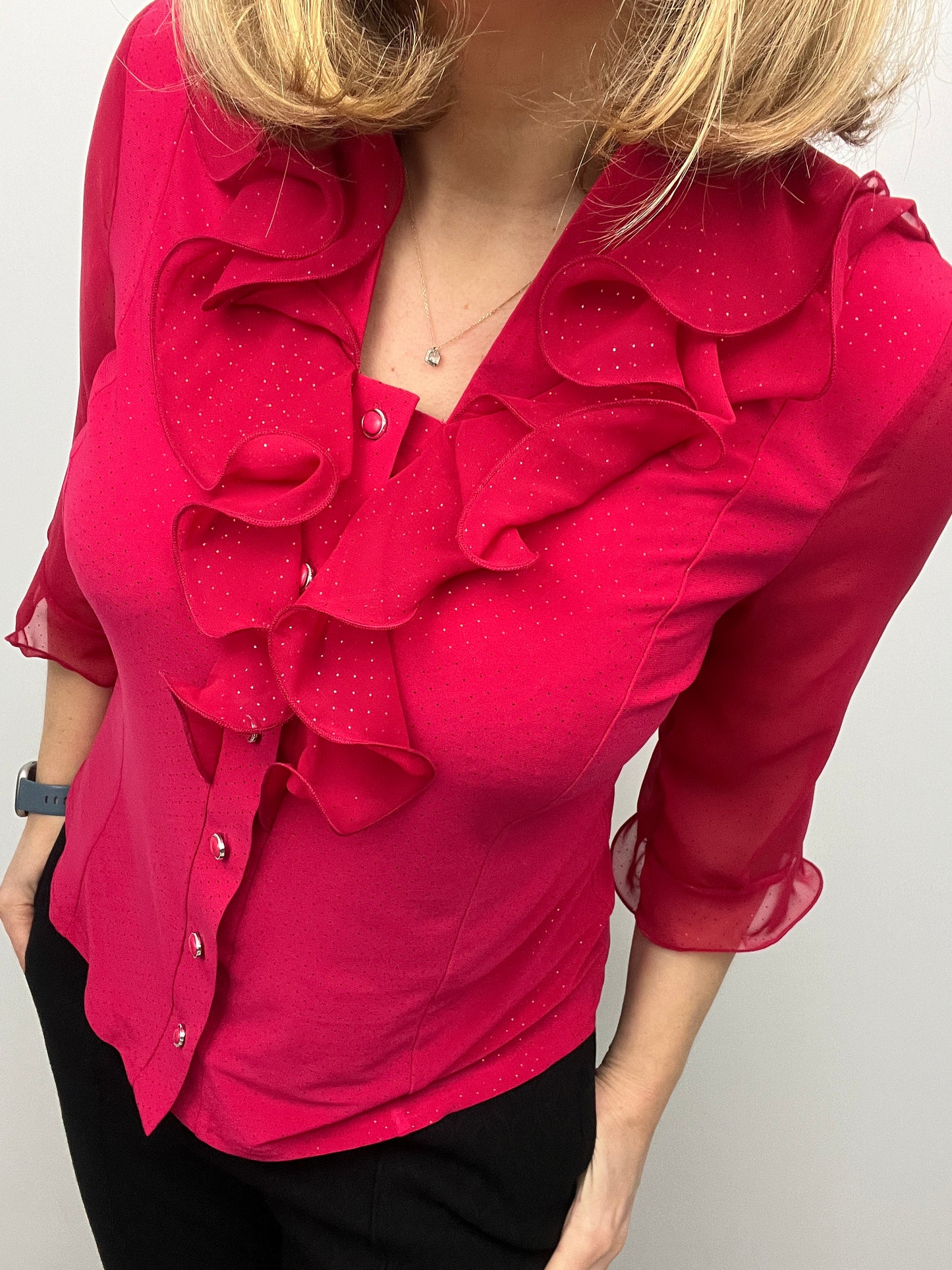EDNA red blouse with ruffle front and half collar