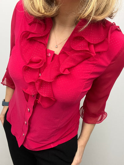 EDNA red blouse with ruffle front and half collar