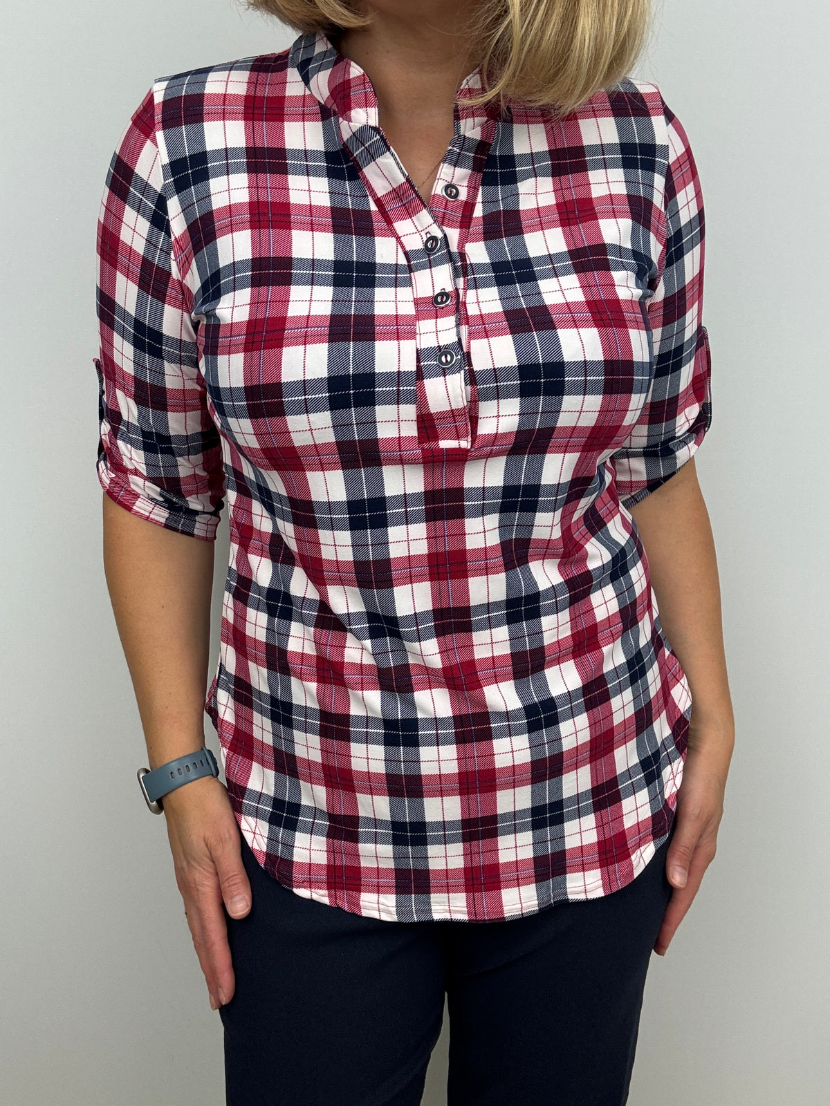ERICA check stand-up collar top