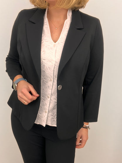 Black fabric jacket with lapel collar