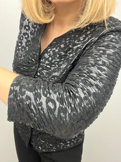 KATHLEEN black textured button down collarless blouse