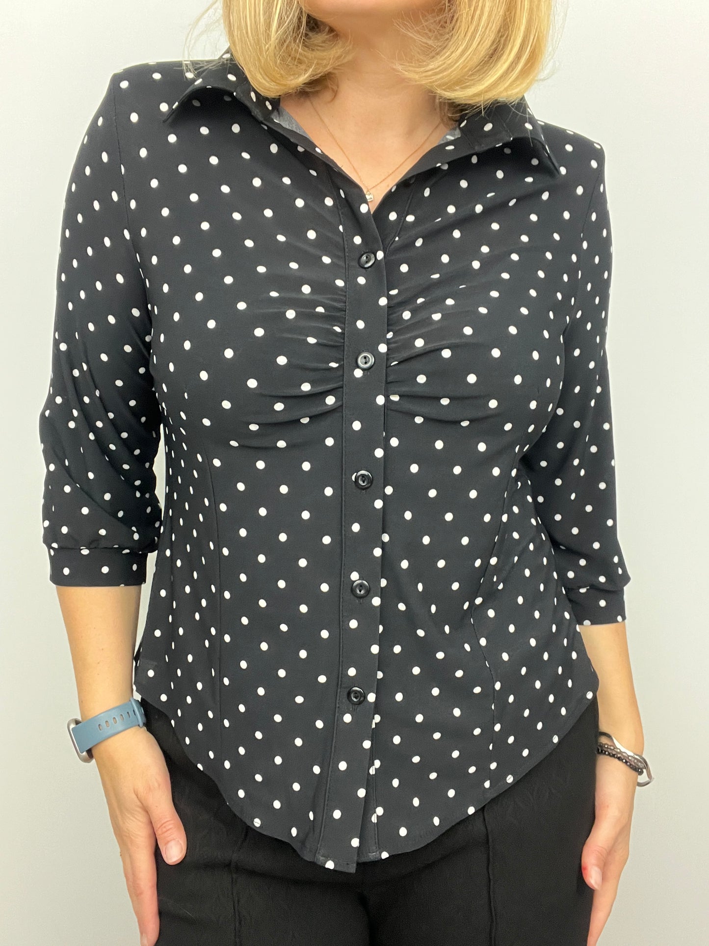 MONA black/white polka dot button down blouse