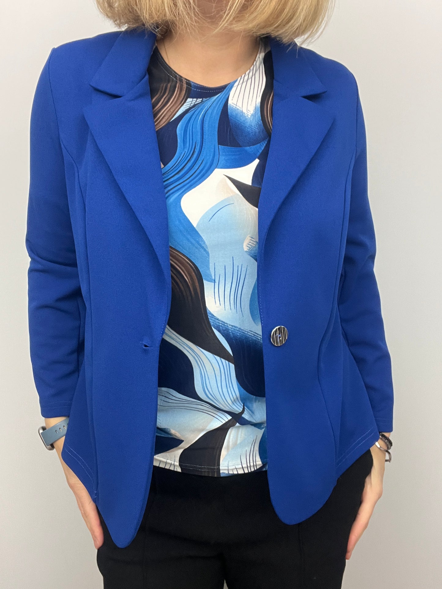 Royal blue fabric jacket with lapel collar