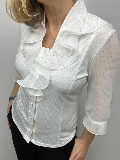 CHER white blouse with ruffle front and half collar