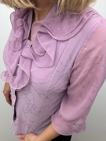 LUCIA lavender pink blouse with ruffle front and stand up collar