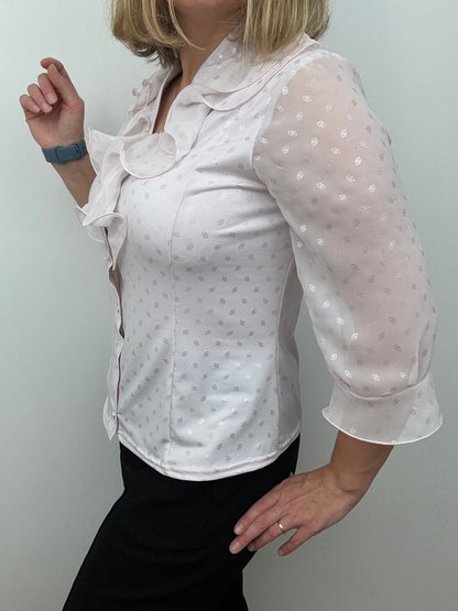 SARAH blush pink blouse with ruffle front and stand up collar