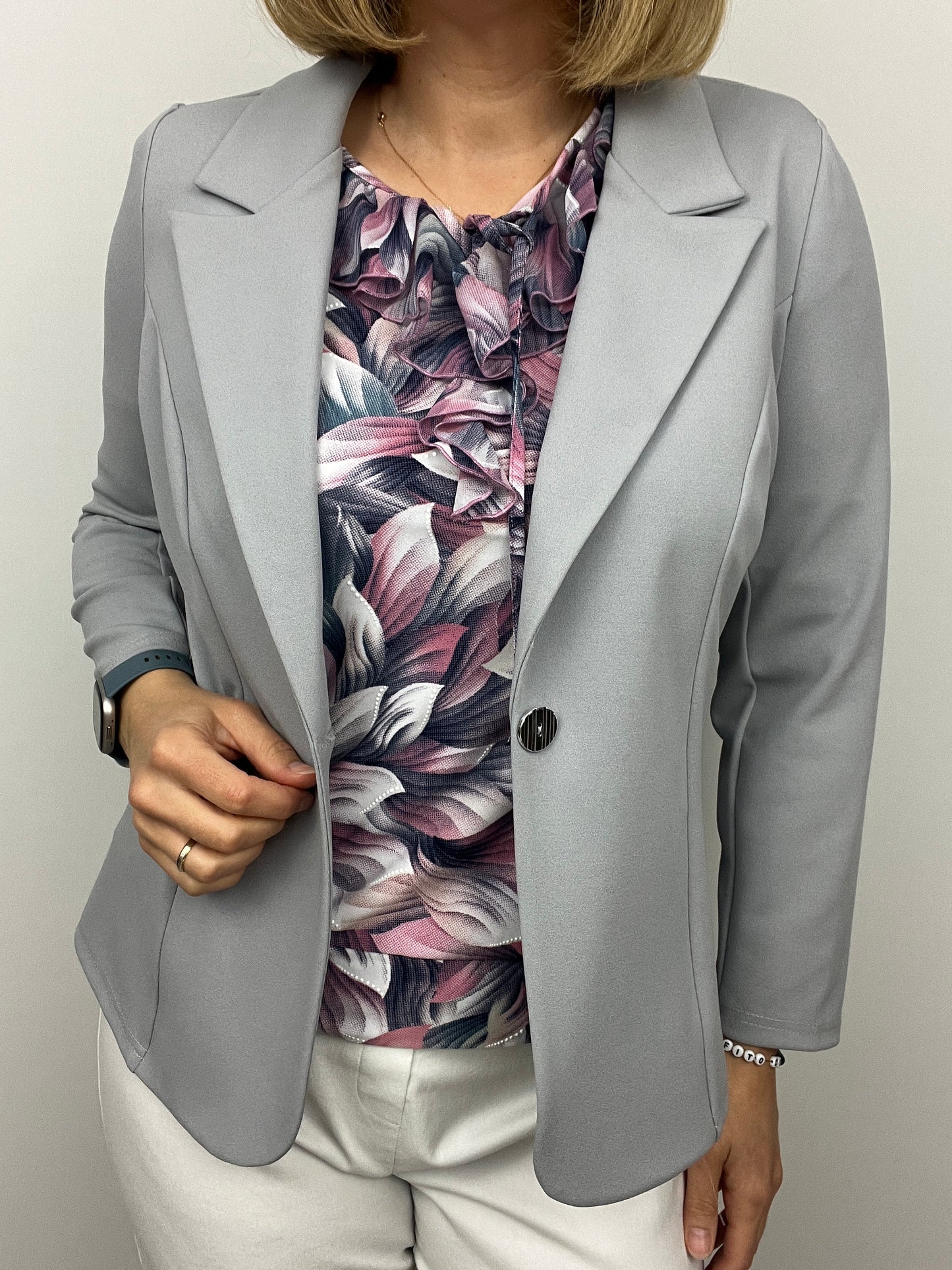 Silver grey fabric jacket with lapel collar