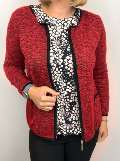 Red melange fine knit cardigan with zipper and pockets