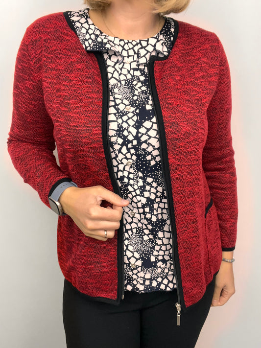 Red melange fine knit cardigan with zipper and pockets