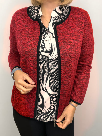 Red melange fine knit cardigan with zipper and pockets