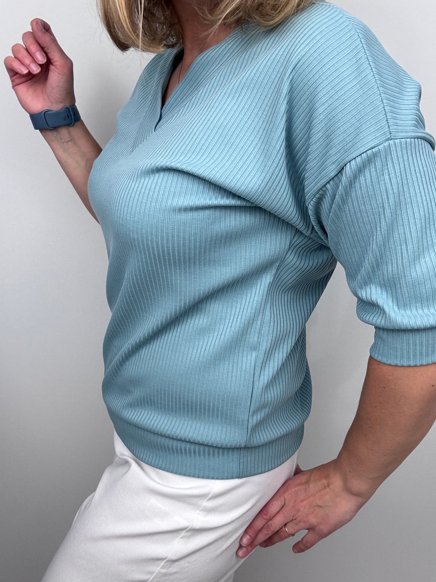 JADE soft ribbed V-neck top - fresh sage