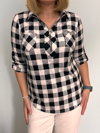 ELAINE zip top with collar - black/white check