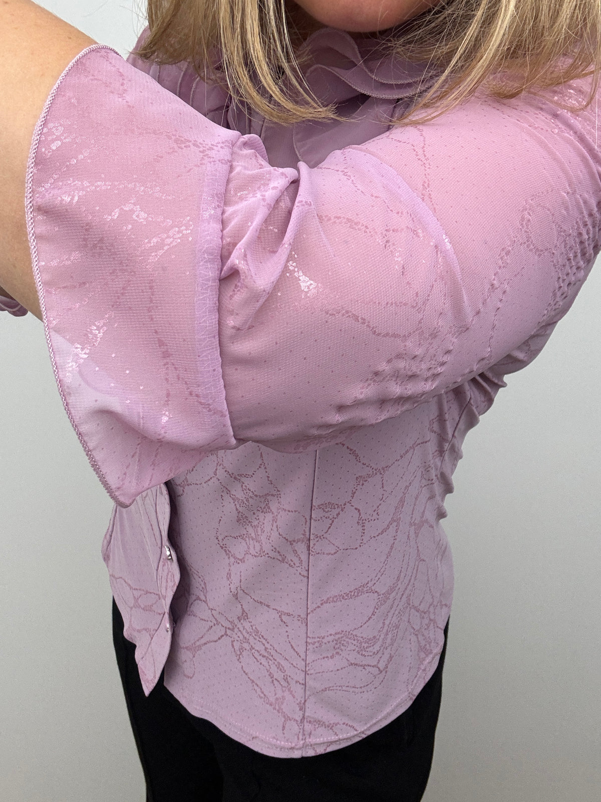 LUCIA lavender pink blouse with ruffle front and stand up collar