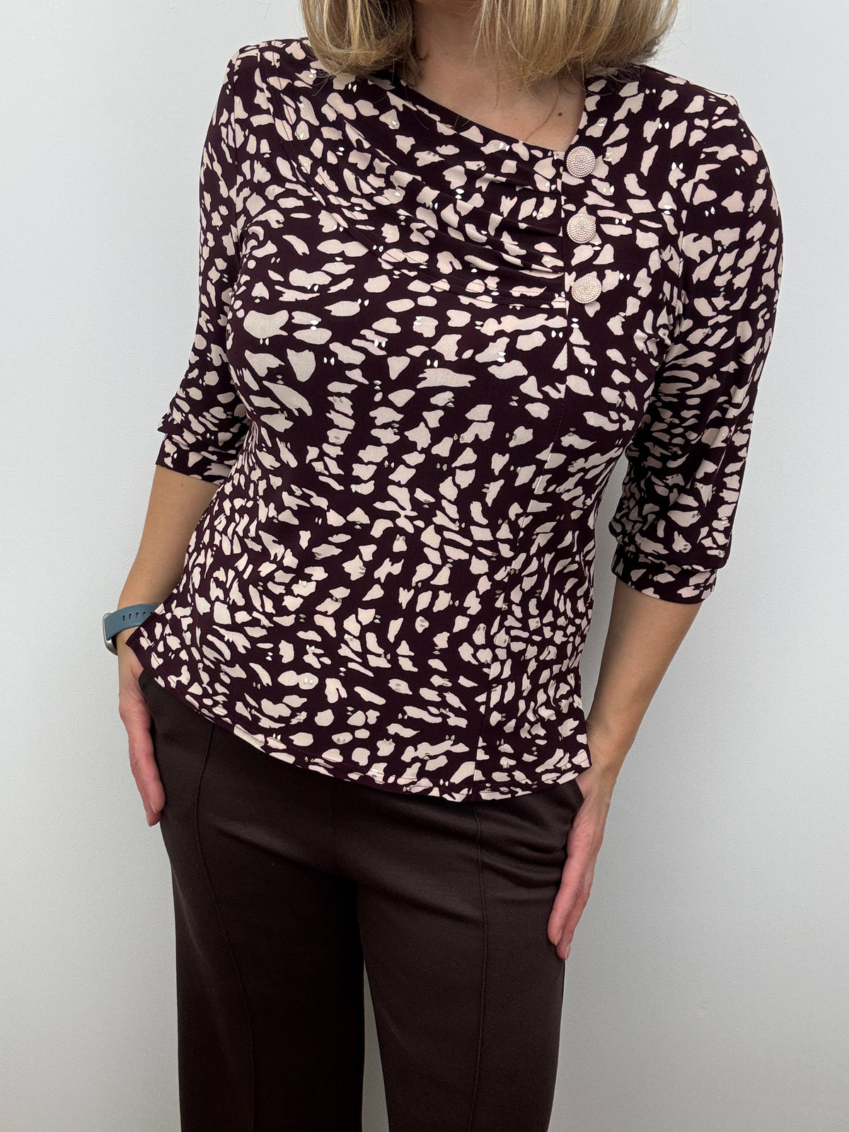 FRAN burgundy top with pleated neckline