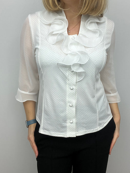 CHER white blouse with ruffle front and half collar