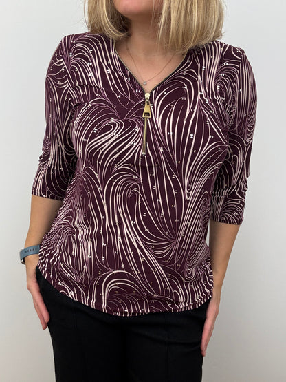 PAM burgundy 3/4 sleeve zip top